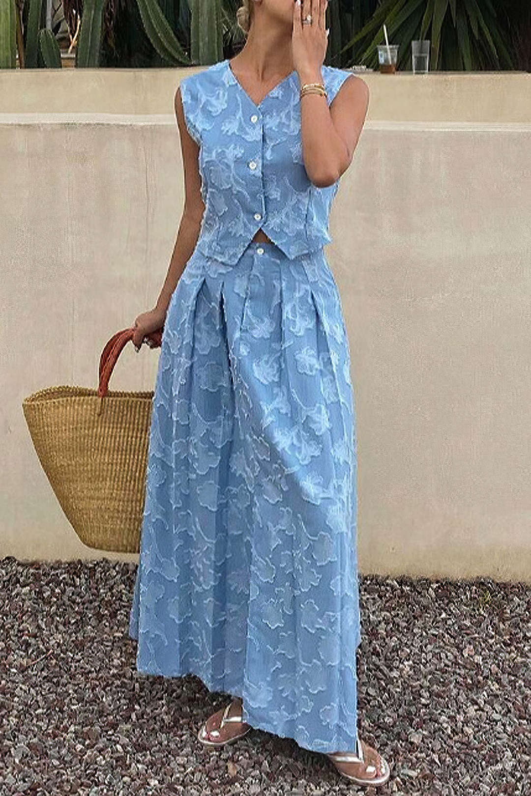 Jacquard V-Neck Vest And High Waist Ruched Skirt Set