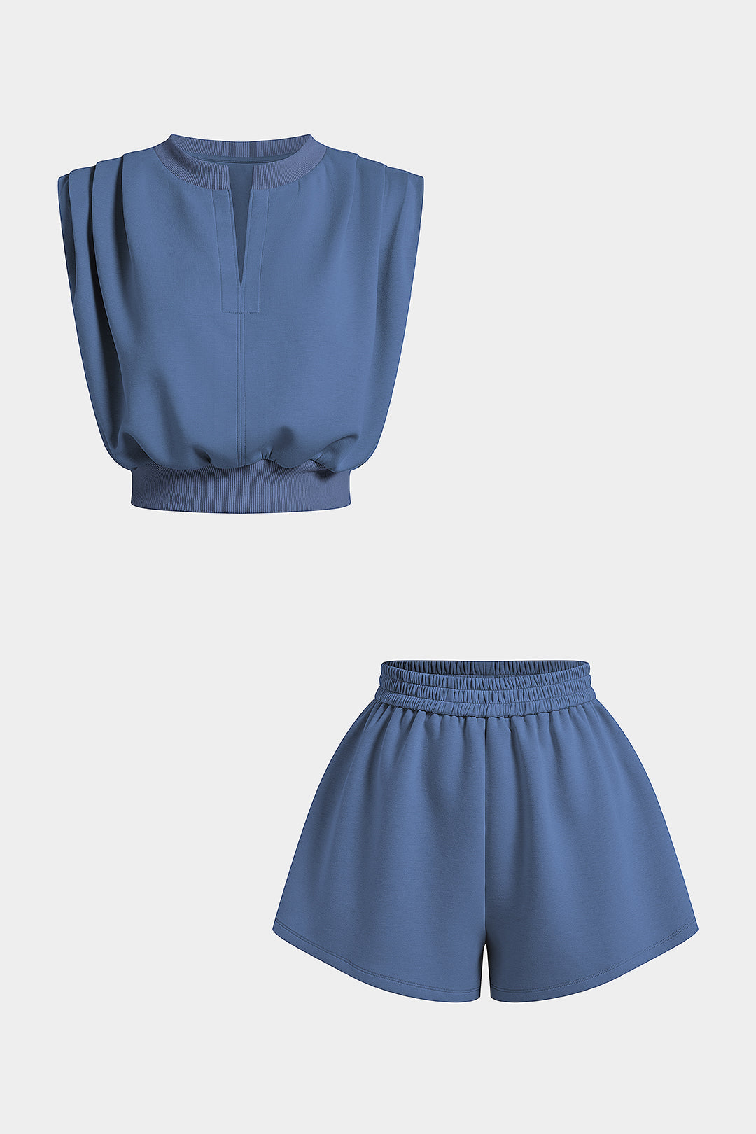 Einfarbiges V-Ausschnitt Tanktop mit Raffungen und Shorts mit gerüschtem Bund und weitem Bein