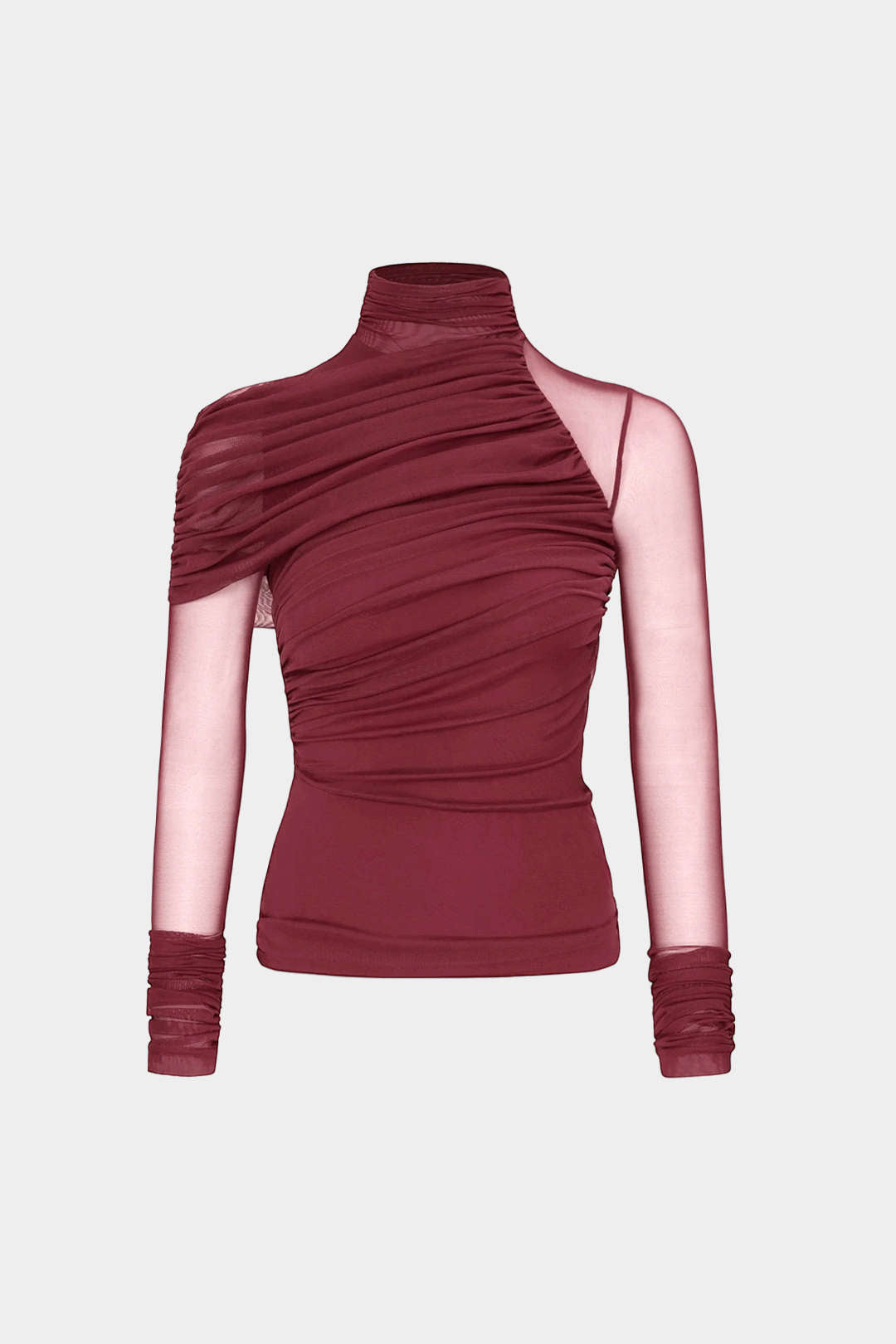 Mesh-Rollkragen-Top mit Raffung und asymmetrischen langen Ärmeln