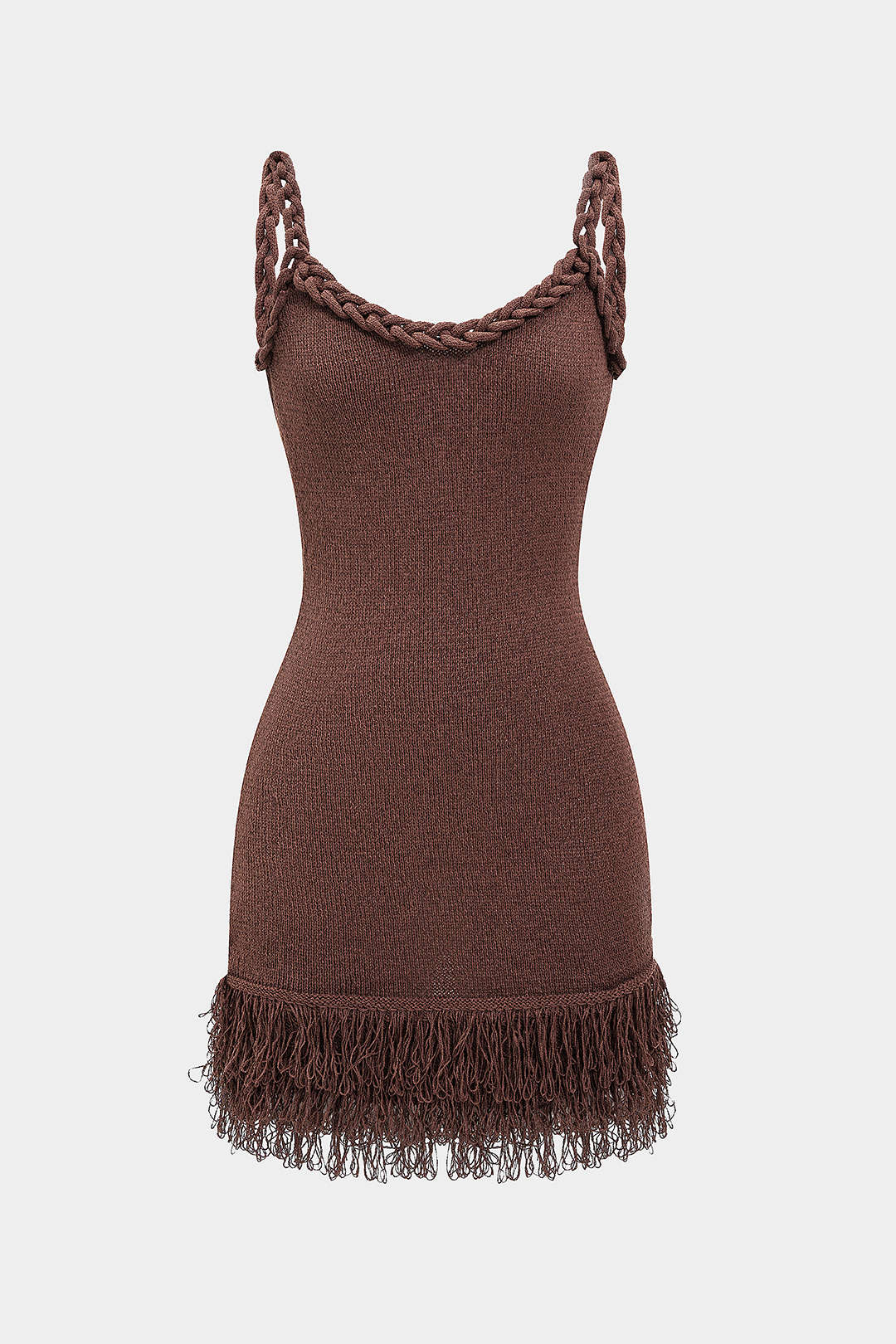 Robe Courte Sans Manches Dos Nu Tressé à Franges en Maille Ajoutée