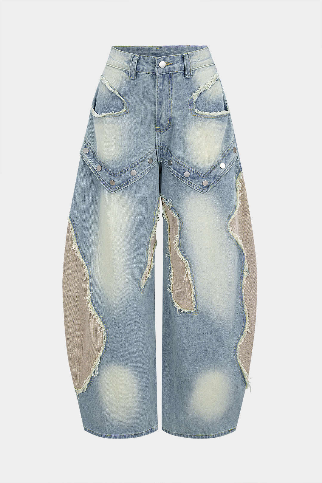 Jean droit en patchwork de denim à rivets effilochés
