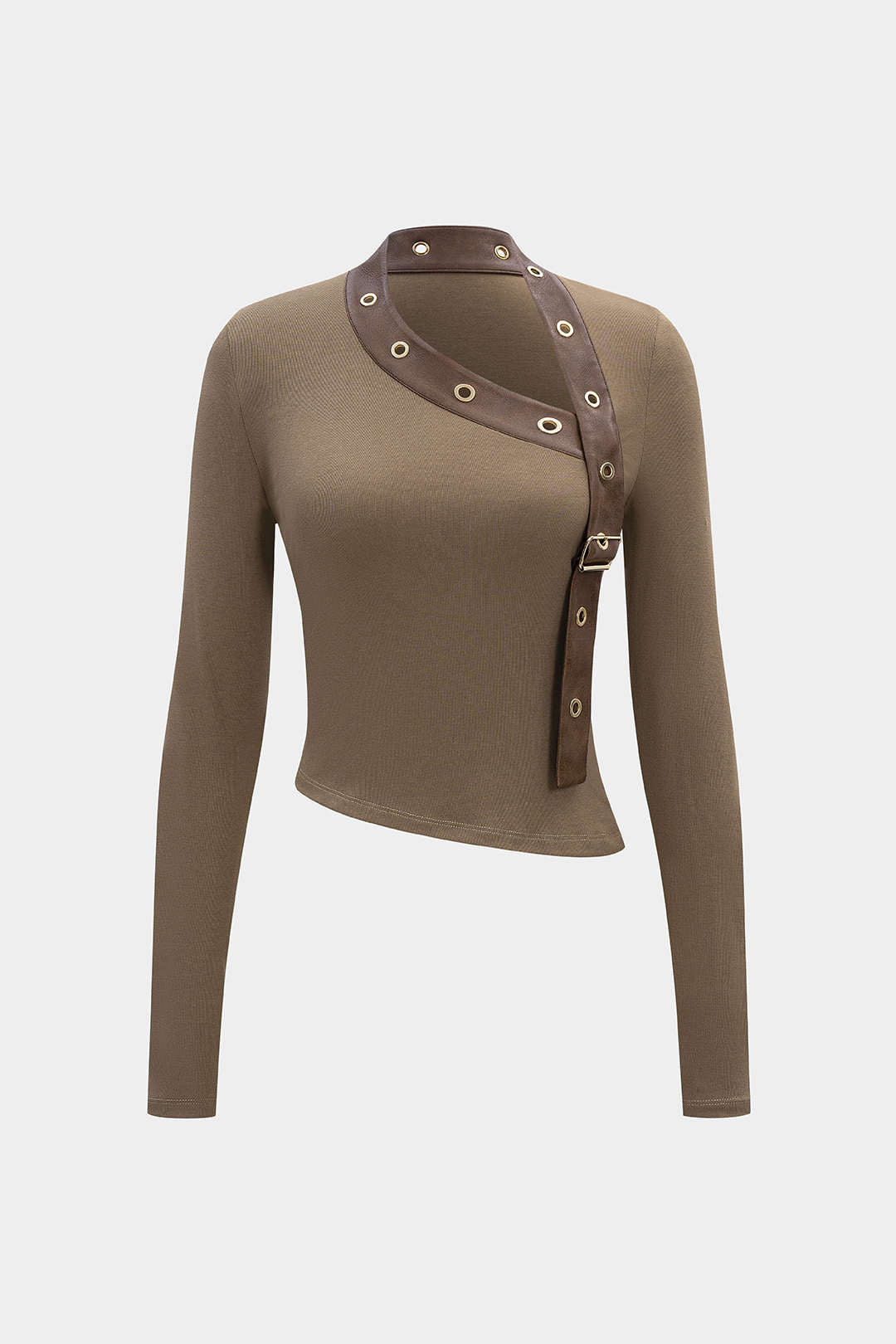 Faux Leather Metallic Asymmetrical Long-Sleeve Top