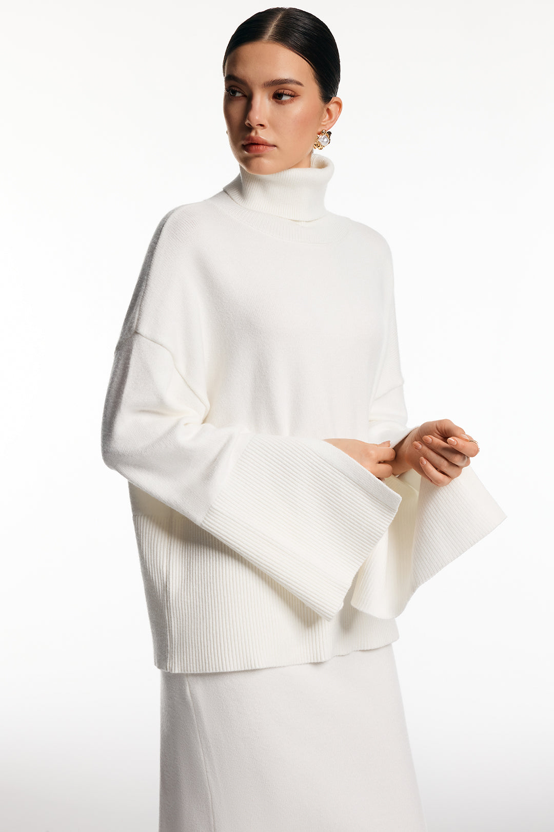 Knit Turtleneck Long-Sleeve Top And Side Split Skirt Set