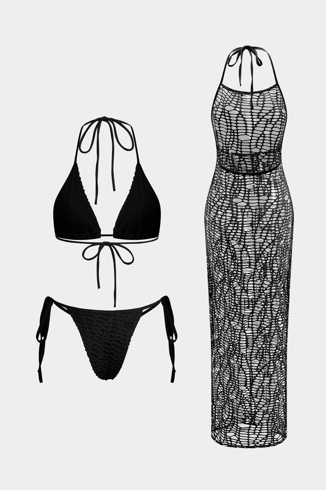 Strukturiertes Neckholder-Bikini-Set mit offen gestricktem Überwurf
