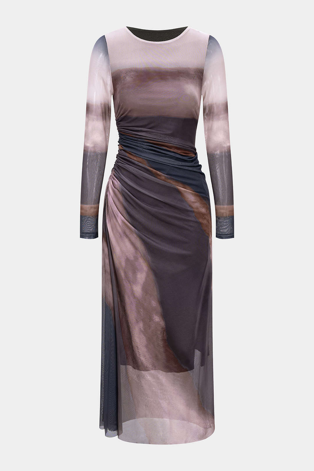 Mesh-Maxikleid mit Batikmuster, gerafftem Oberteil und langen Ärmeln