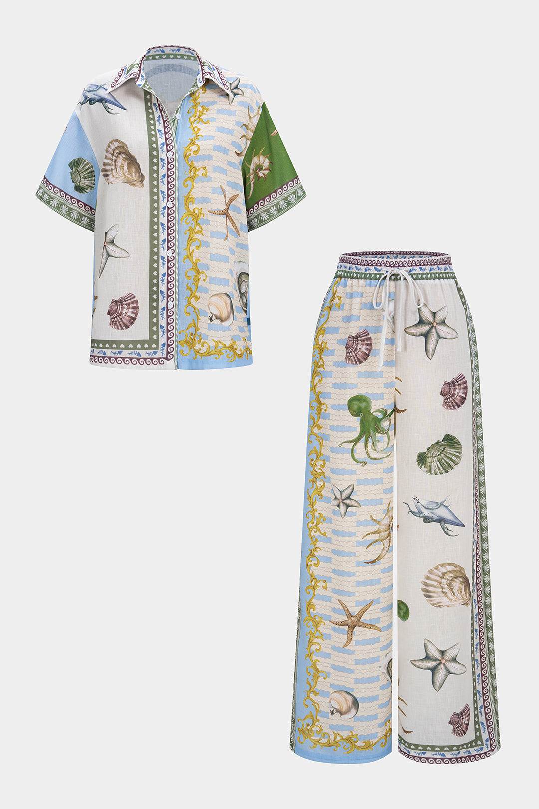 Hemd mit kurzen Ärmeln und Satin-Knöpfen mit Ozean-Print und Hose mit weitem Bein und gerafftem Bund