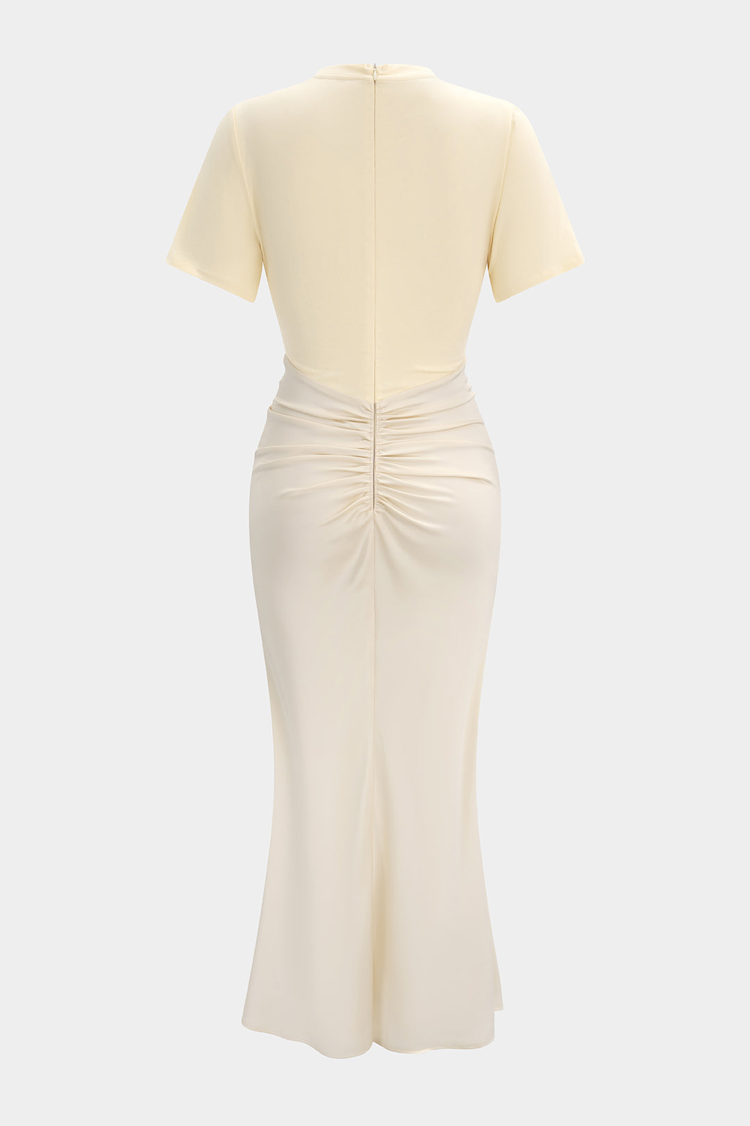 Patchwork Satin Maxikleid mit Rundhals, Raffungen und kurzen Ärmeln