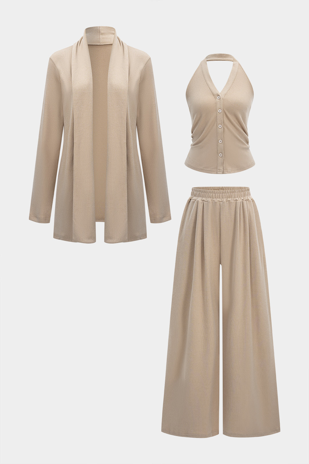 Solid Long Cardigan And Halter Neck Ruched Cami Top And Wide Leg Trousers Set