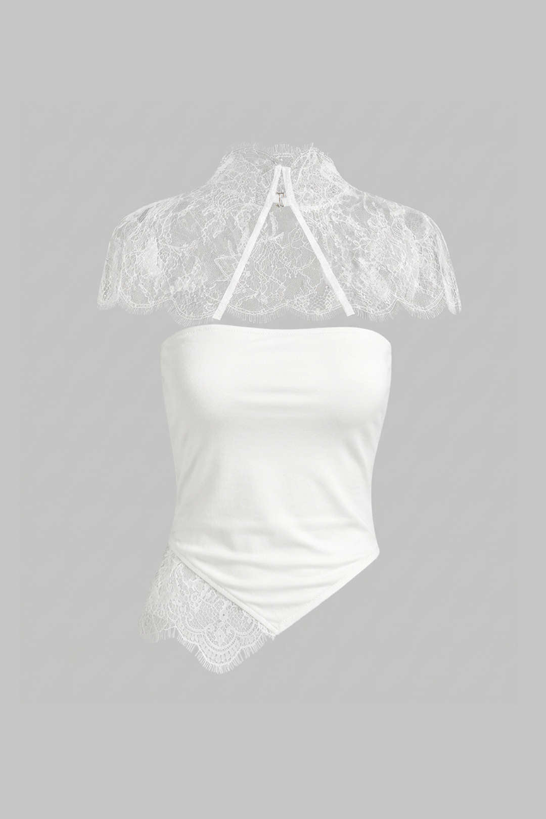 Asymmetrisches Schlauchtop mit Spitzenbesatz und transparentem Schal