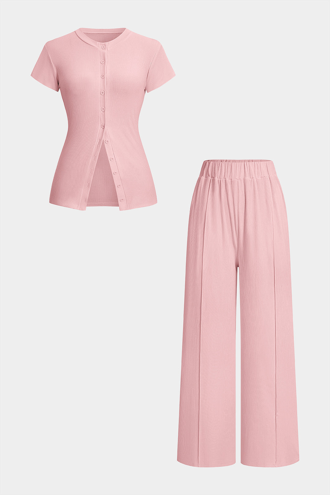 Einfarbiges Oberteil mit Rundhalsausschnitt und kurzen Ärmeln mit Knopfleiste und Hose mit hoher Taille