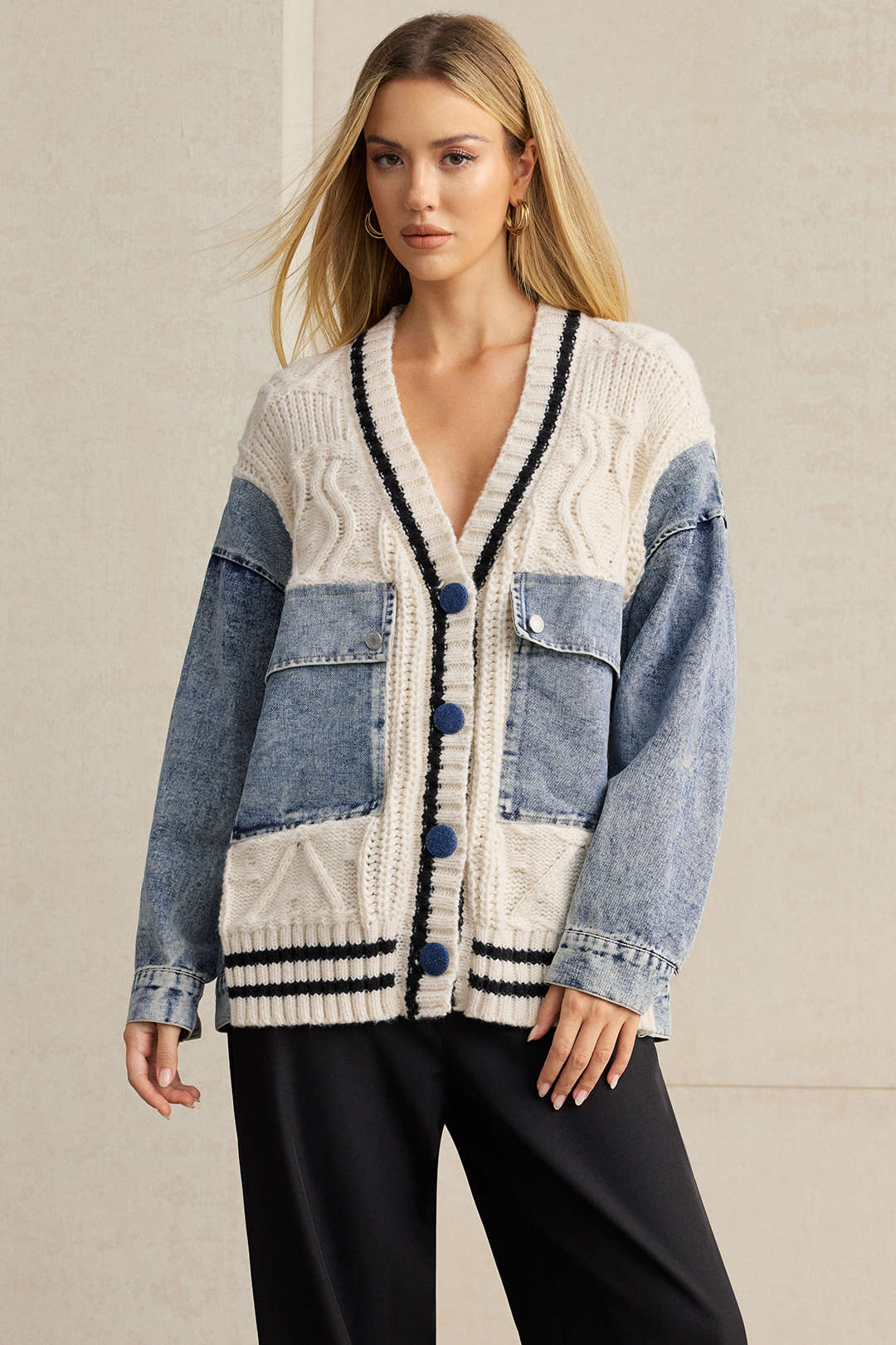 Denim-Patchwork-Strickoberbekleidung