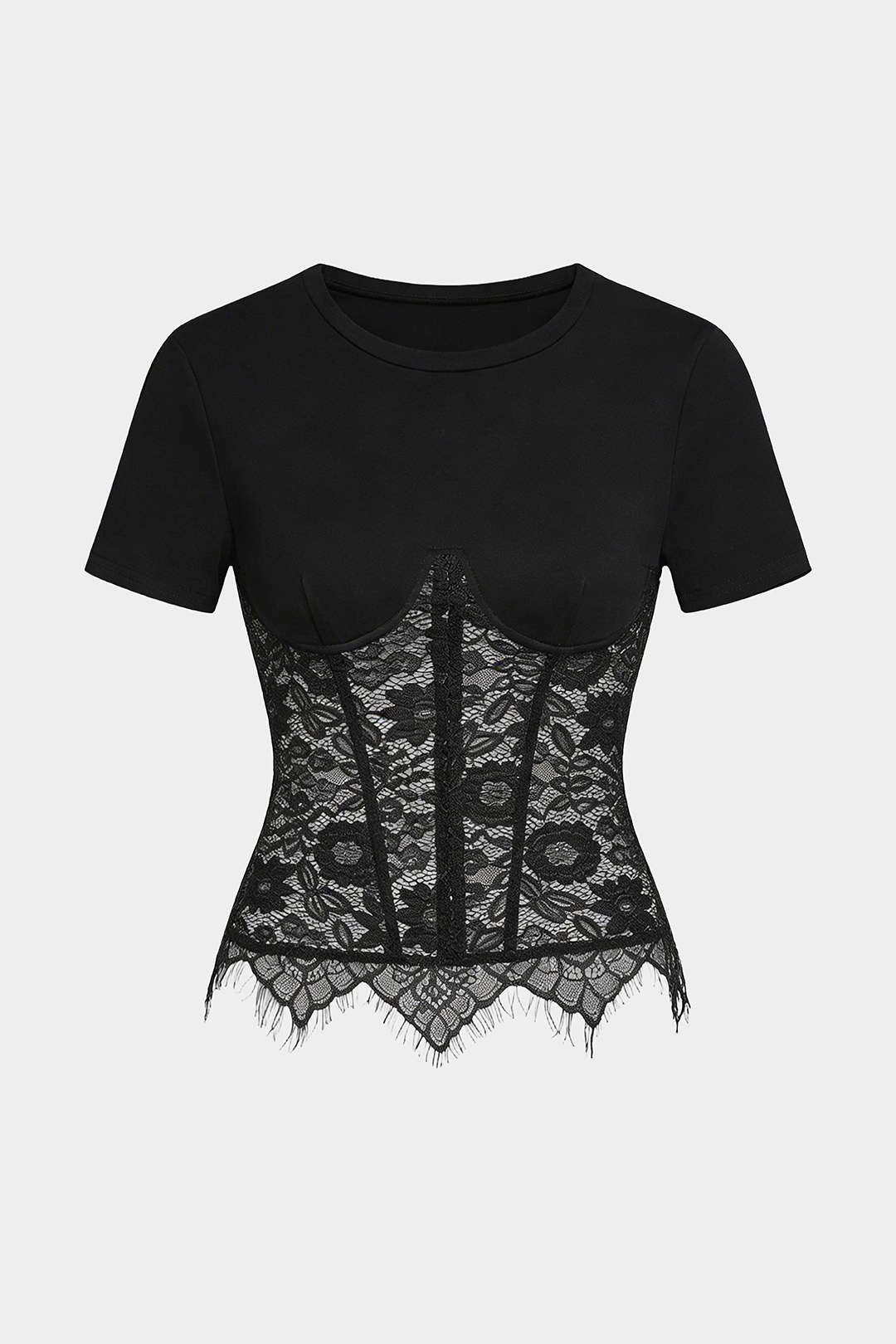 T-shirt à Manches Courtes Rondes avec Patchwork en Dentelle