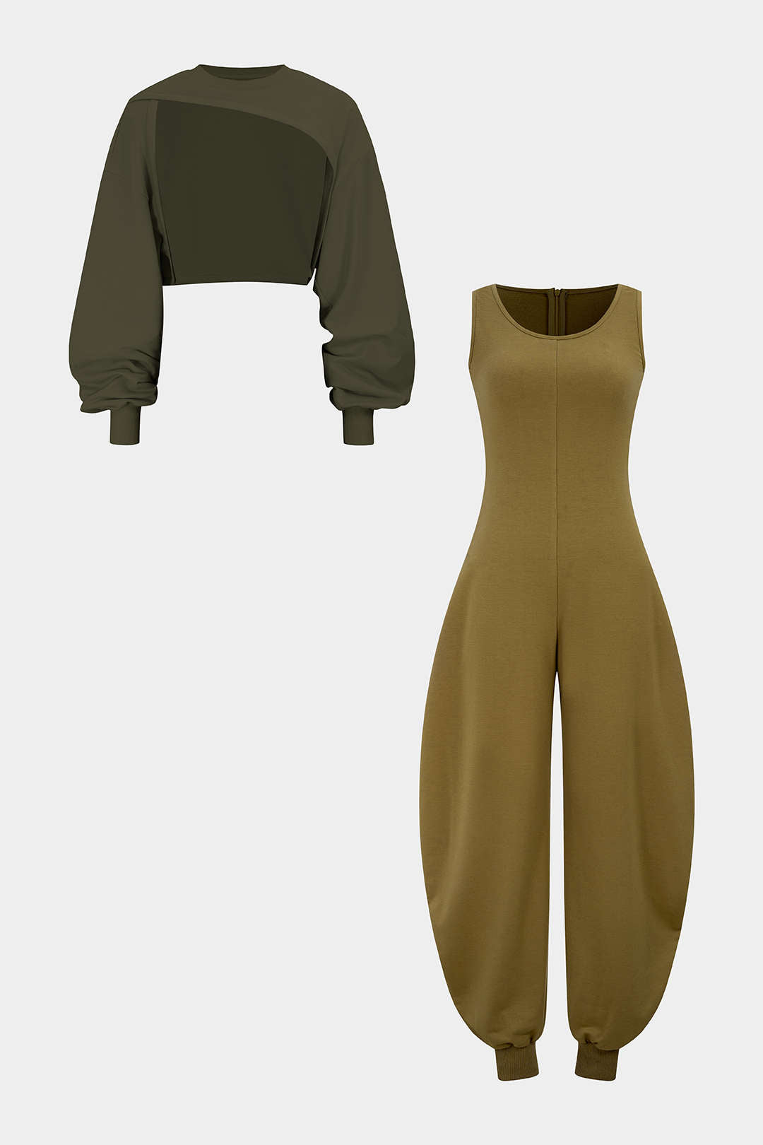 Solid Long-Sleeve Top And Sleeveless Jumpsuit Set
