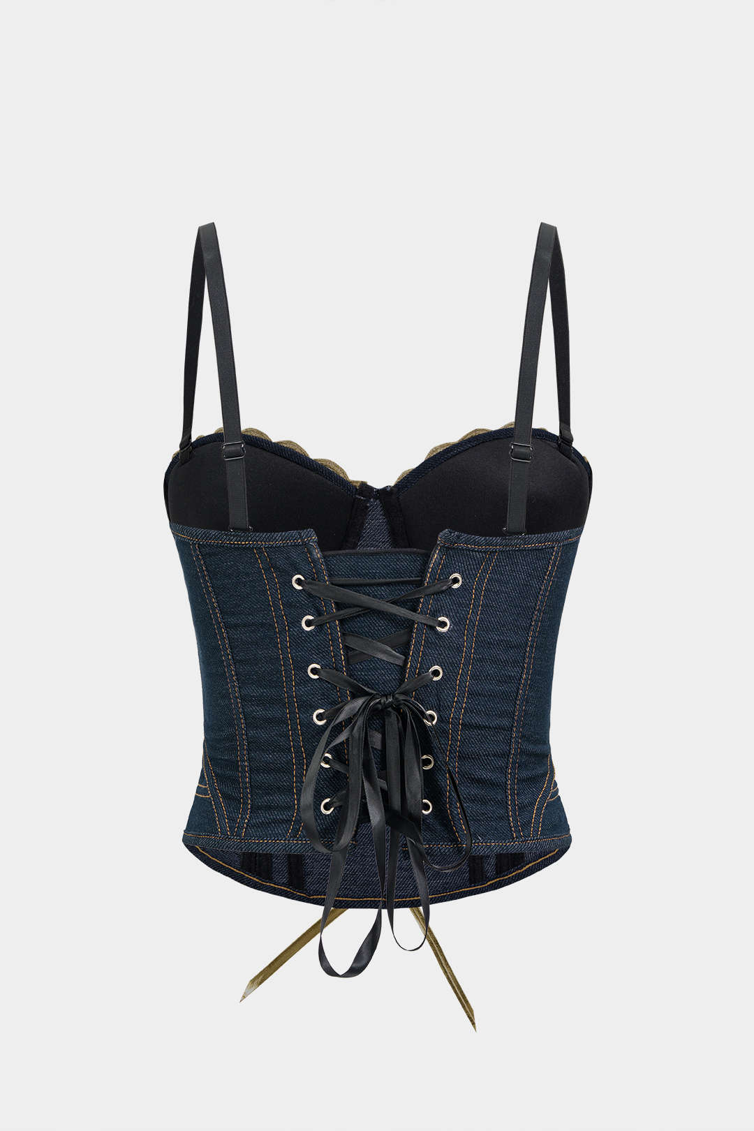Denim Patchwork Lace Trim Tie-Up Corset Cami Top
