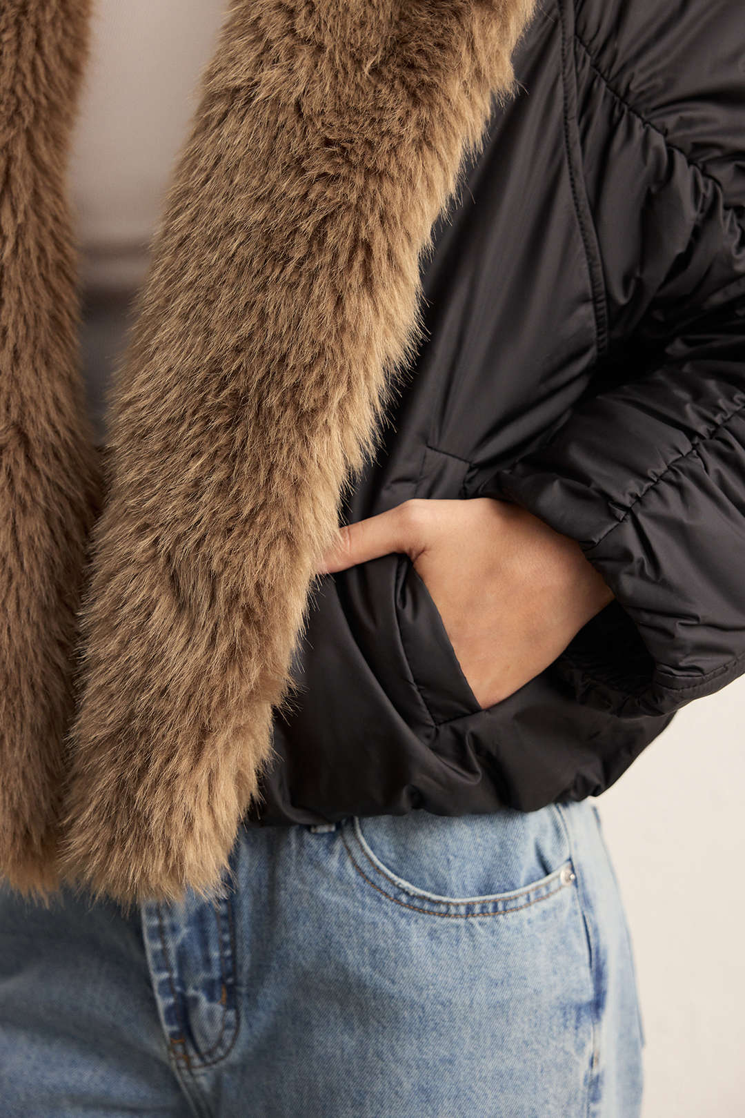Faux Fur Collar Patchwork Puffer