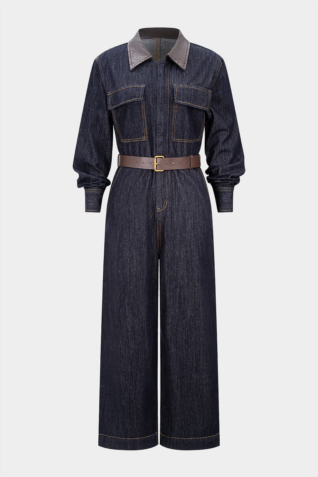 Jeans-Jumpsuit mit Gürtel, langen Ärmeln und Kunstleder-Patchwork