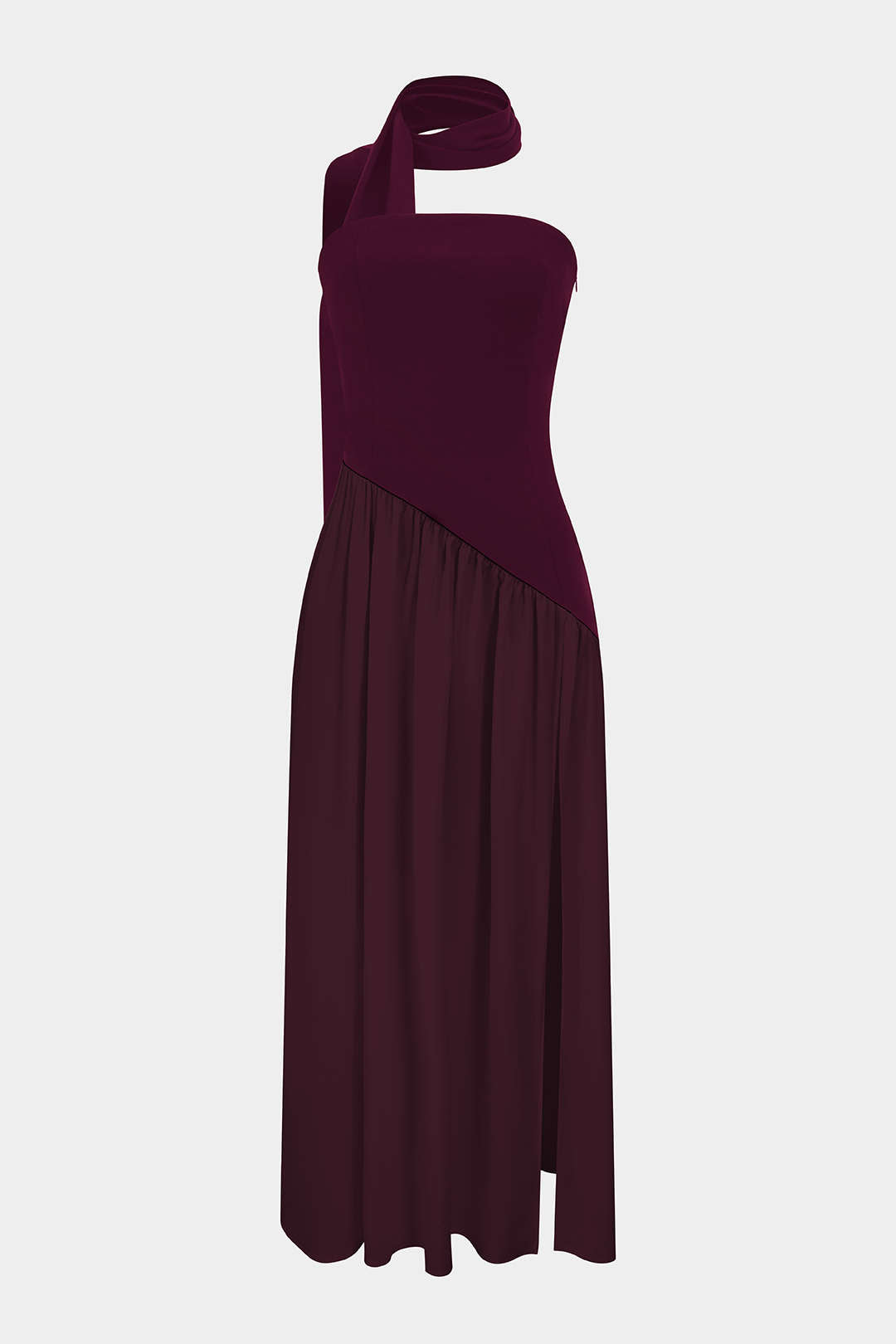 Robe longue bustier fendue et froncée en satin contrastant