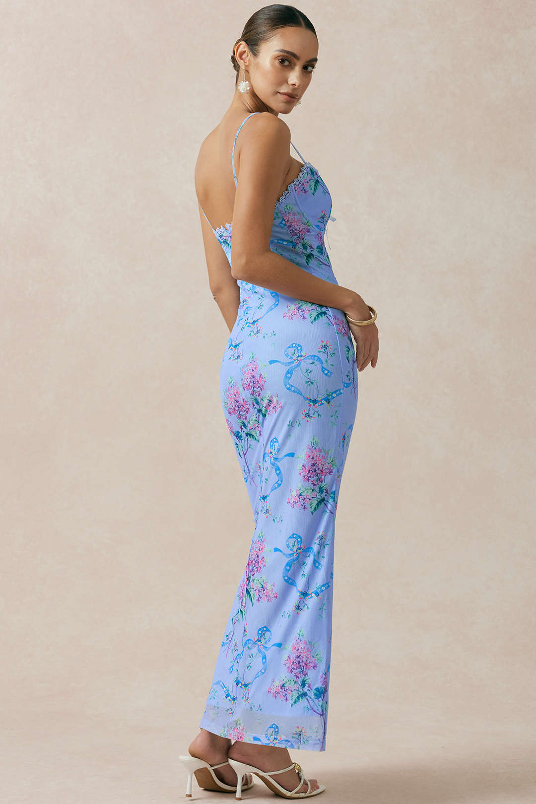 Blumenmuster Mesh Rückenfreies ärmelloses Maxikleid