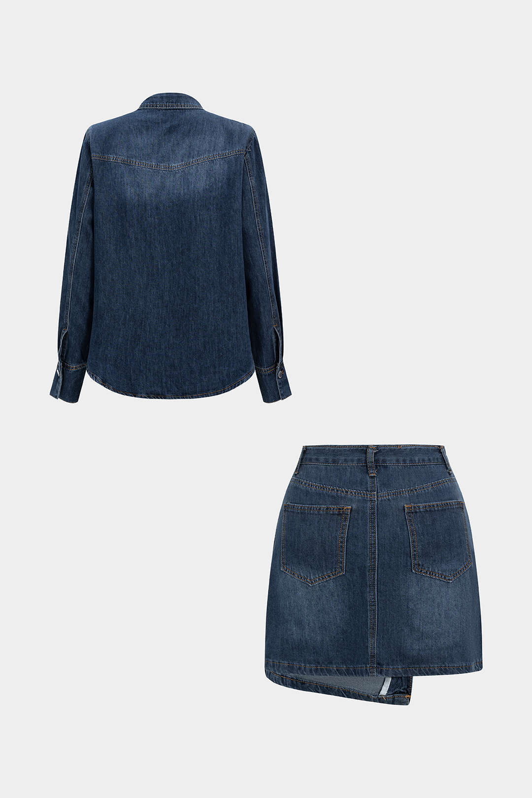 Denim-Knopf-Langarm-Top und High-Waist-Minirock-Set