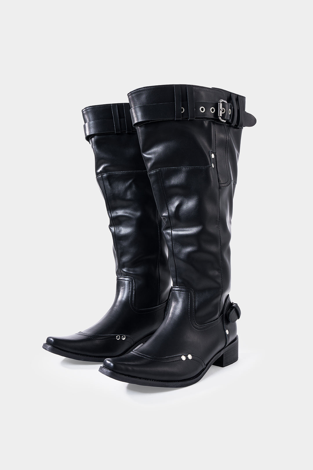 Leather Ruched Buckle Knee High Boots
