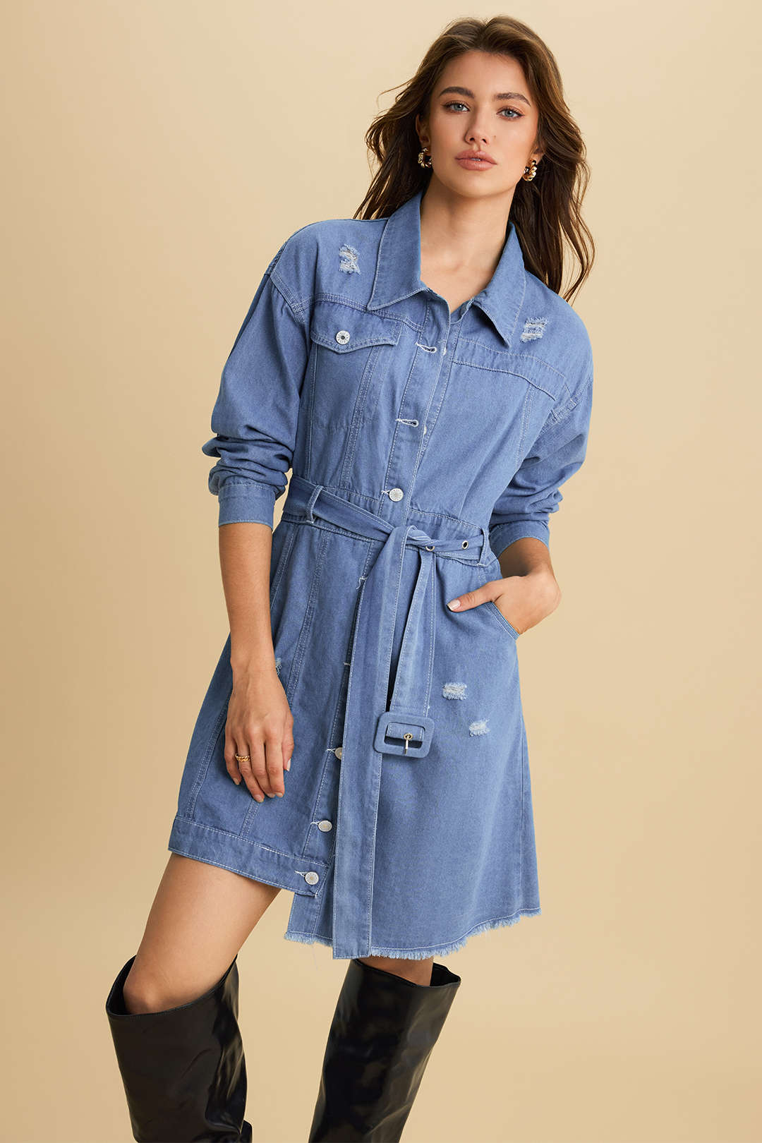 Jeanskleid mit Bindedetail und langen Ärmeln