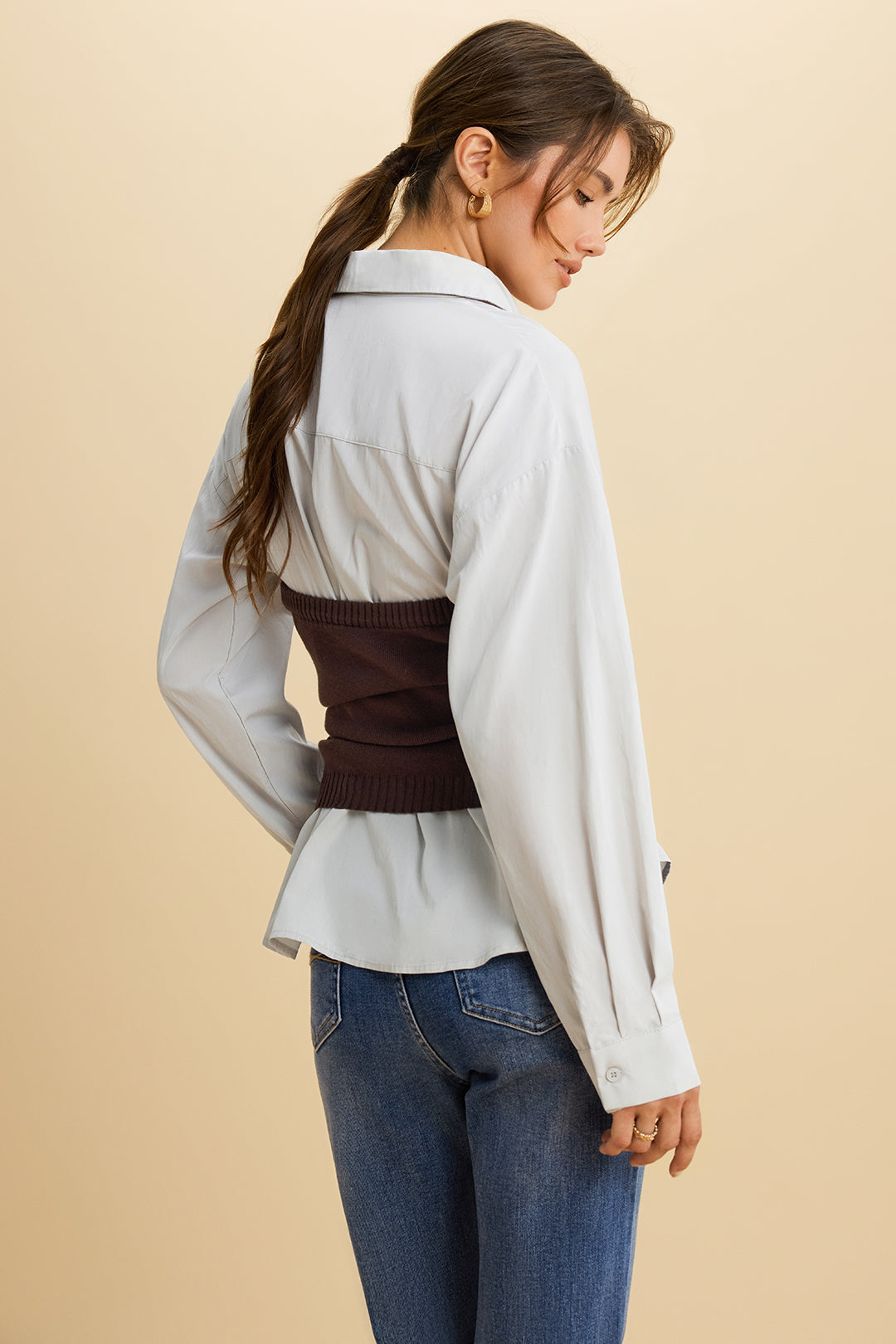 Solid Patchwork Knit Tie-Front Long-Sleeve Shirt
