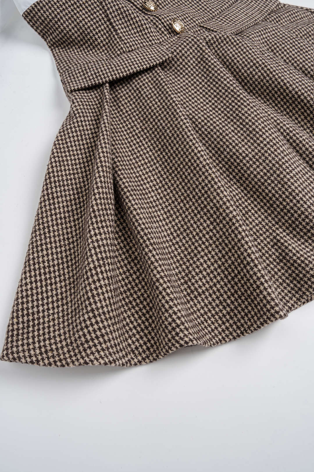 Hahnentritt-Patchwork-Falten-Minikleid mit hohem Bund und langen Ärmeln