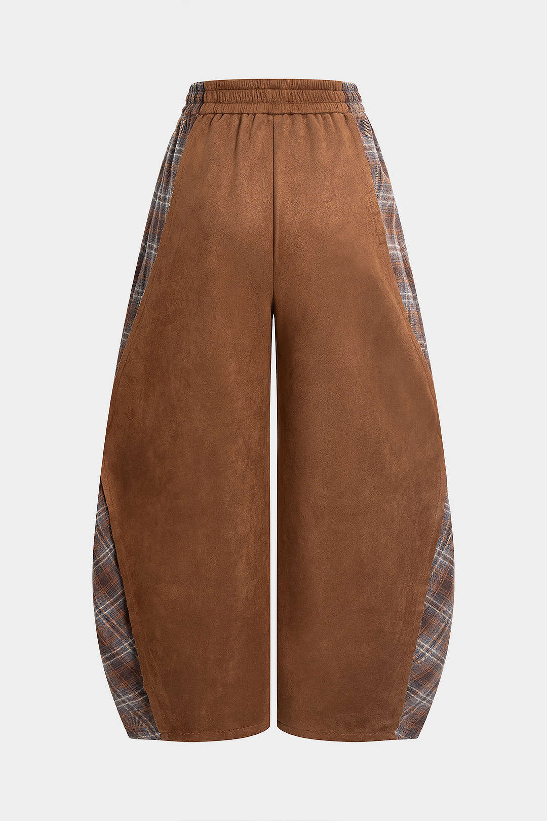 Hose mit Karodruck, Wildleder-Patchwork und gerafftem Bund