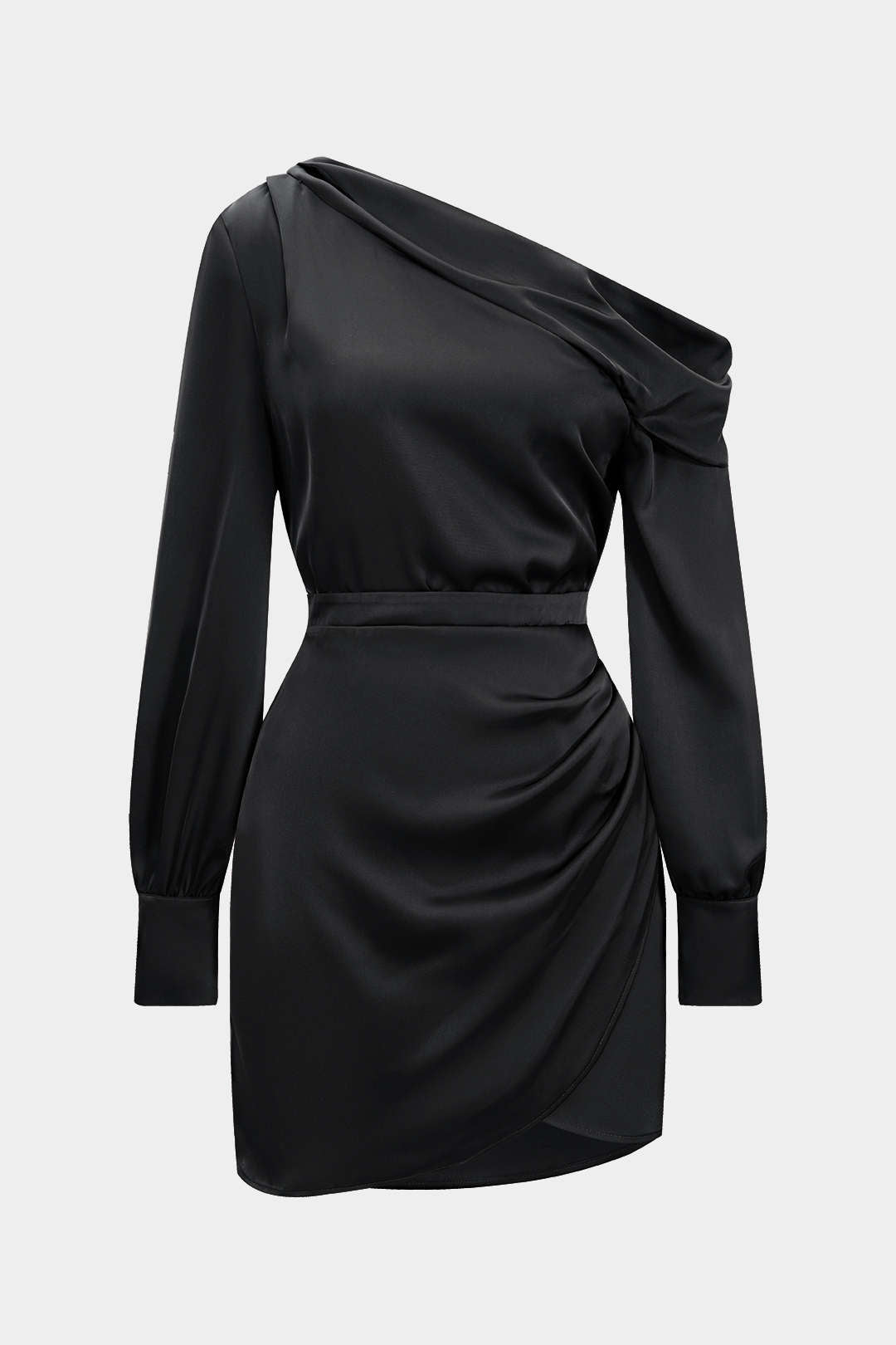 Satin-Minikleid mit asymmetrischem Ausschnitt und langen Ärmeln