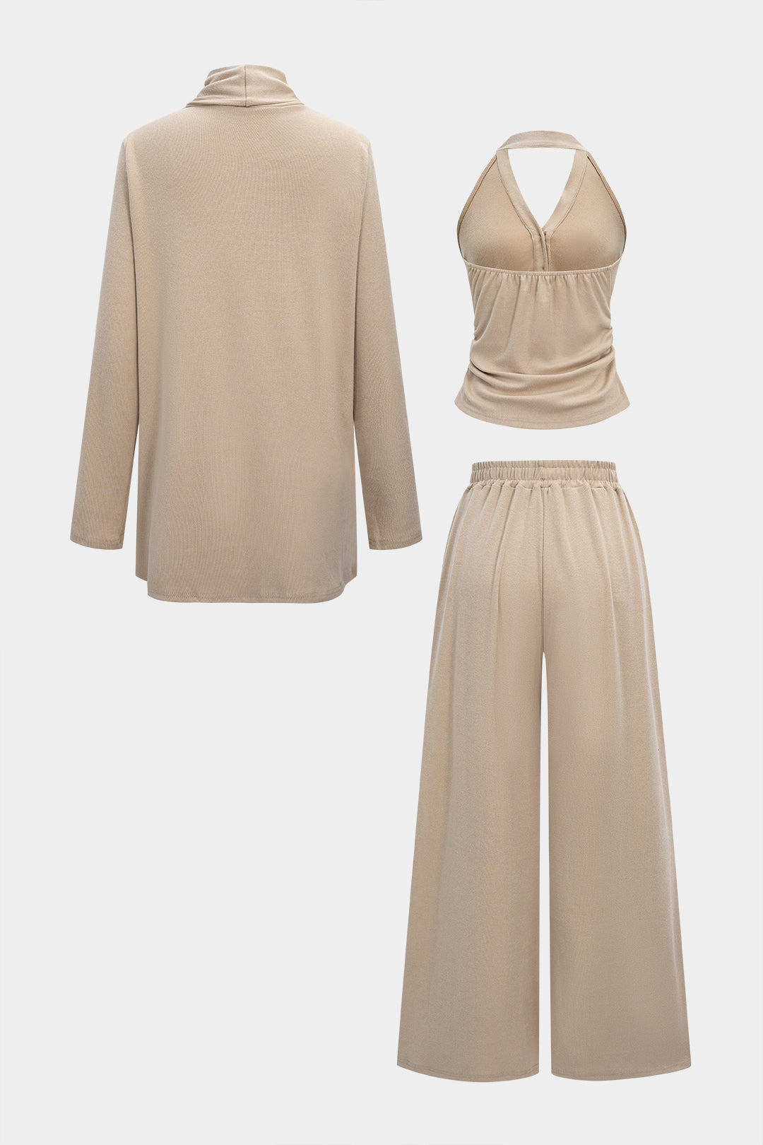 Solid Long Cardigan And Halter Neck Ruched Cami Top And Wide Leg Trousers Set