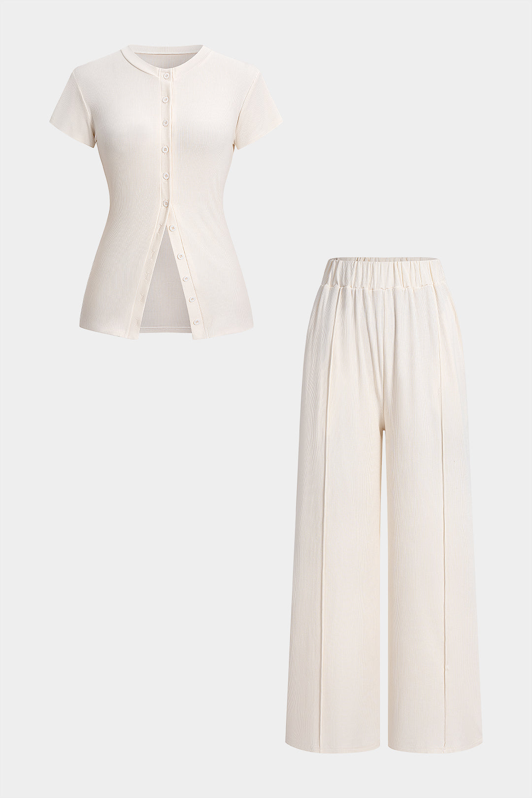 Einfarbiges Oberteil mit Rundhalsausschnitt und kurzen Ärmeln mit Knopfleiste und Hose mit hoher Taille