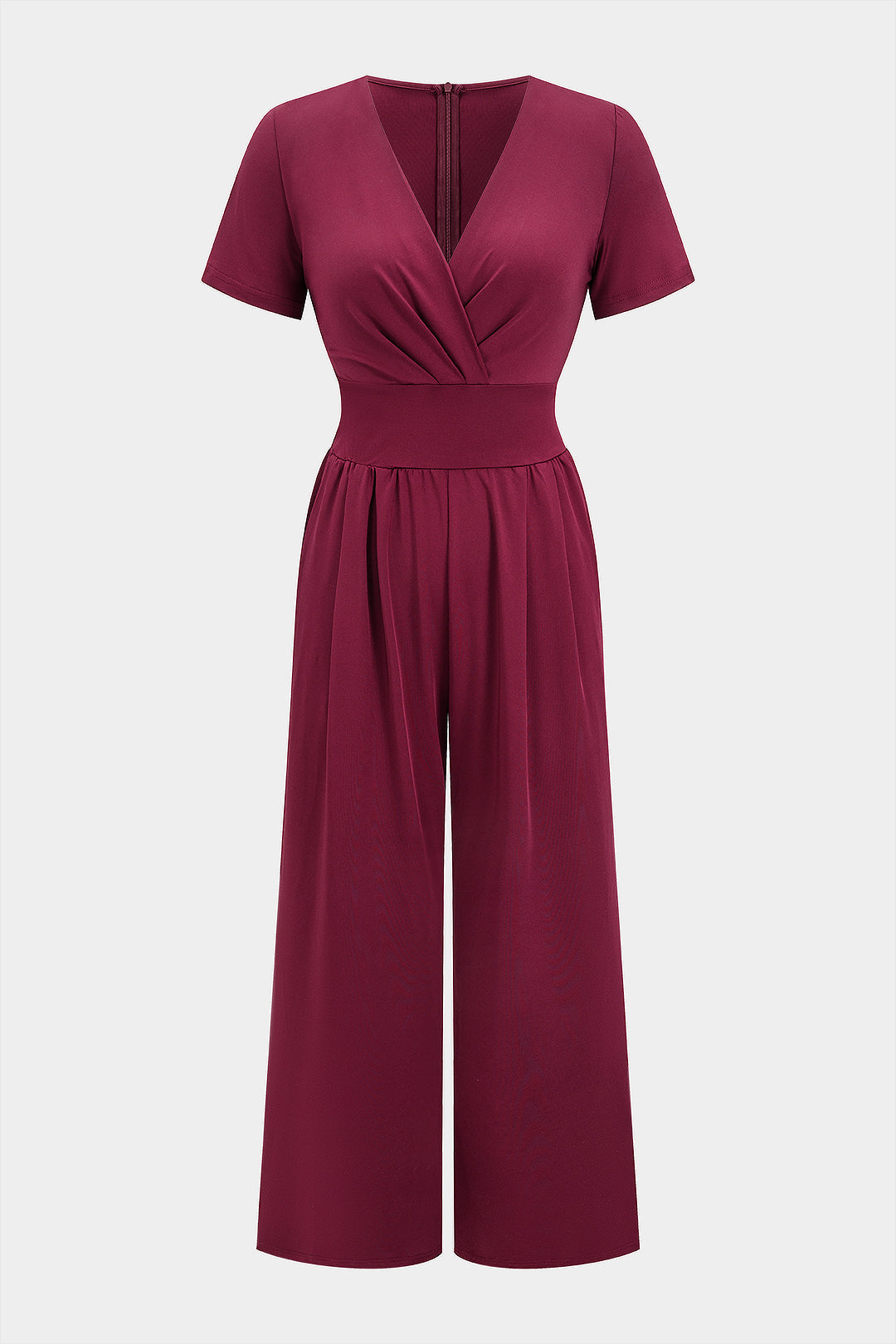 Jumpsuit mit V-Ausschnitt, Raffungen und weitem Bein