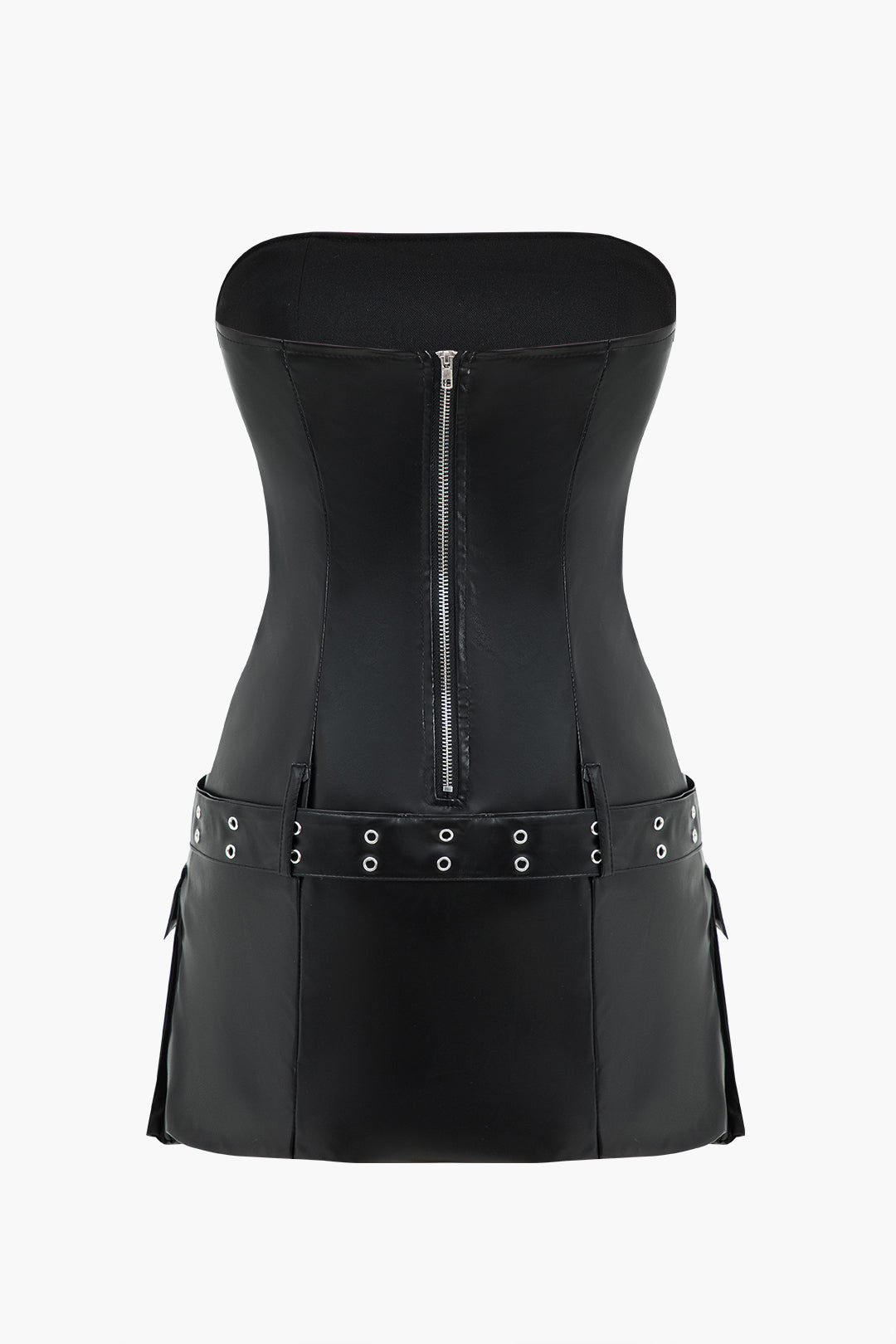 Faux Leather Strapless Pleated Belted Sleeveless Mini Dress
