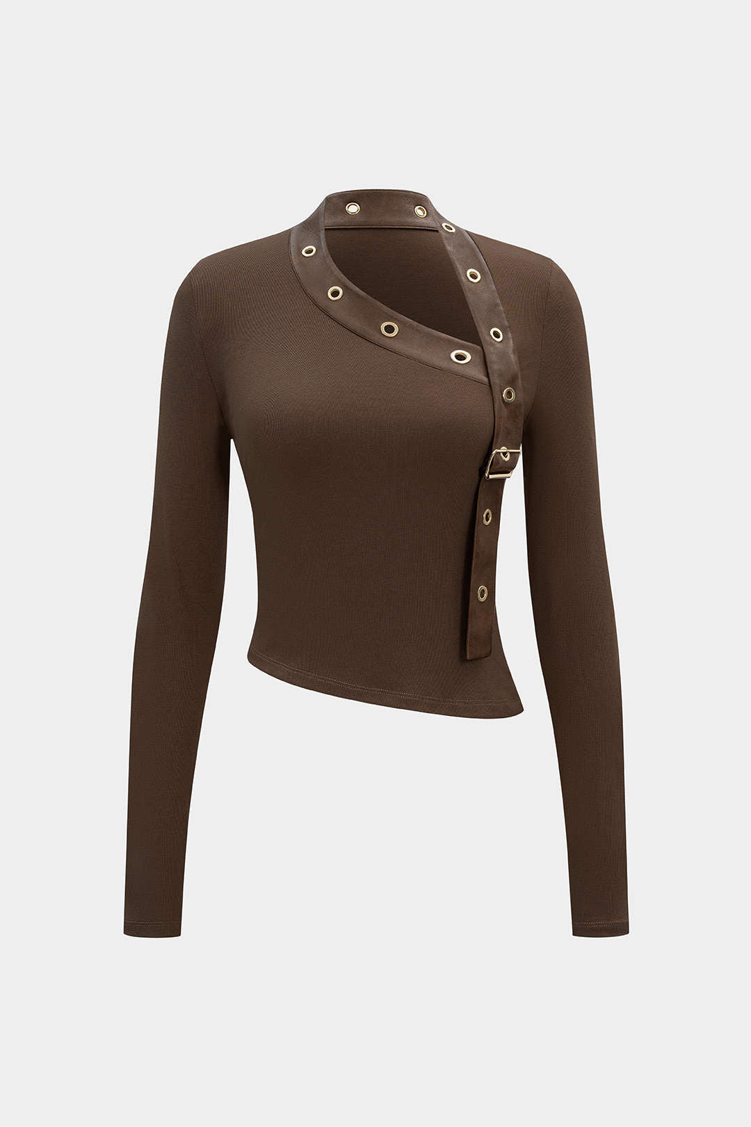 Faux Leather Metallic Asymmetrical Long-Sleeve Top