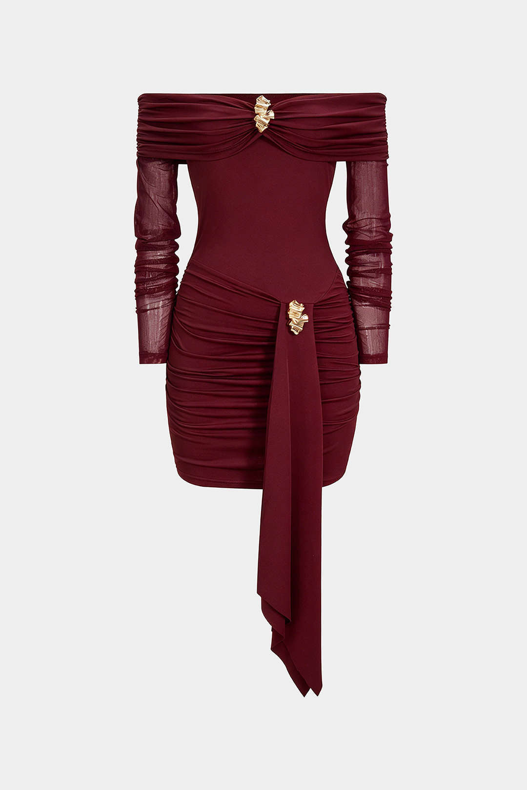 Carmen-Minikleid mit langen Ärmeln, gerafftem, transparentem Metallic-Dekor und Carmen-Ausschnitt
