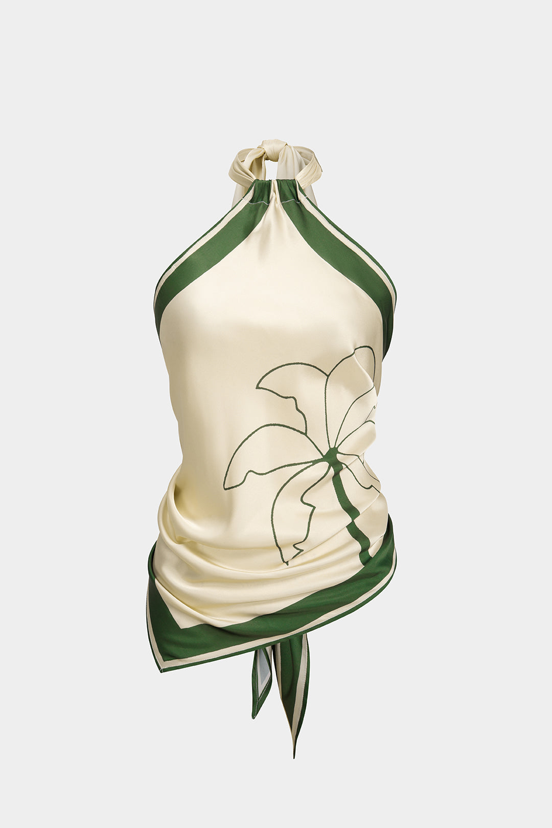 Haut sans manches dos nu en satin à imprimé floral contrastant avec col halter à nouer