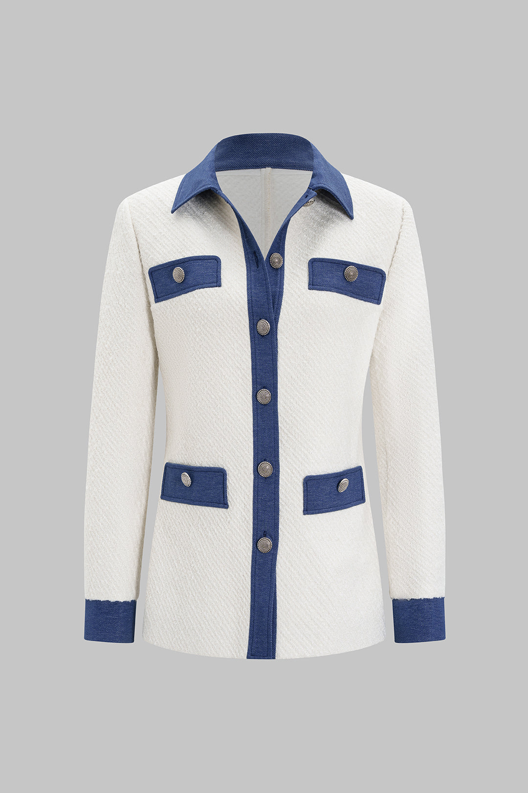 Denim-Patchwork-Blazer mit Knöpfen