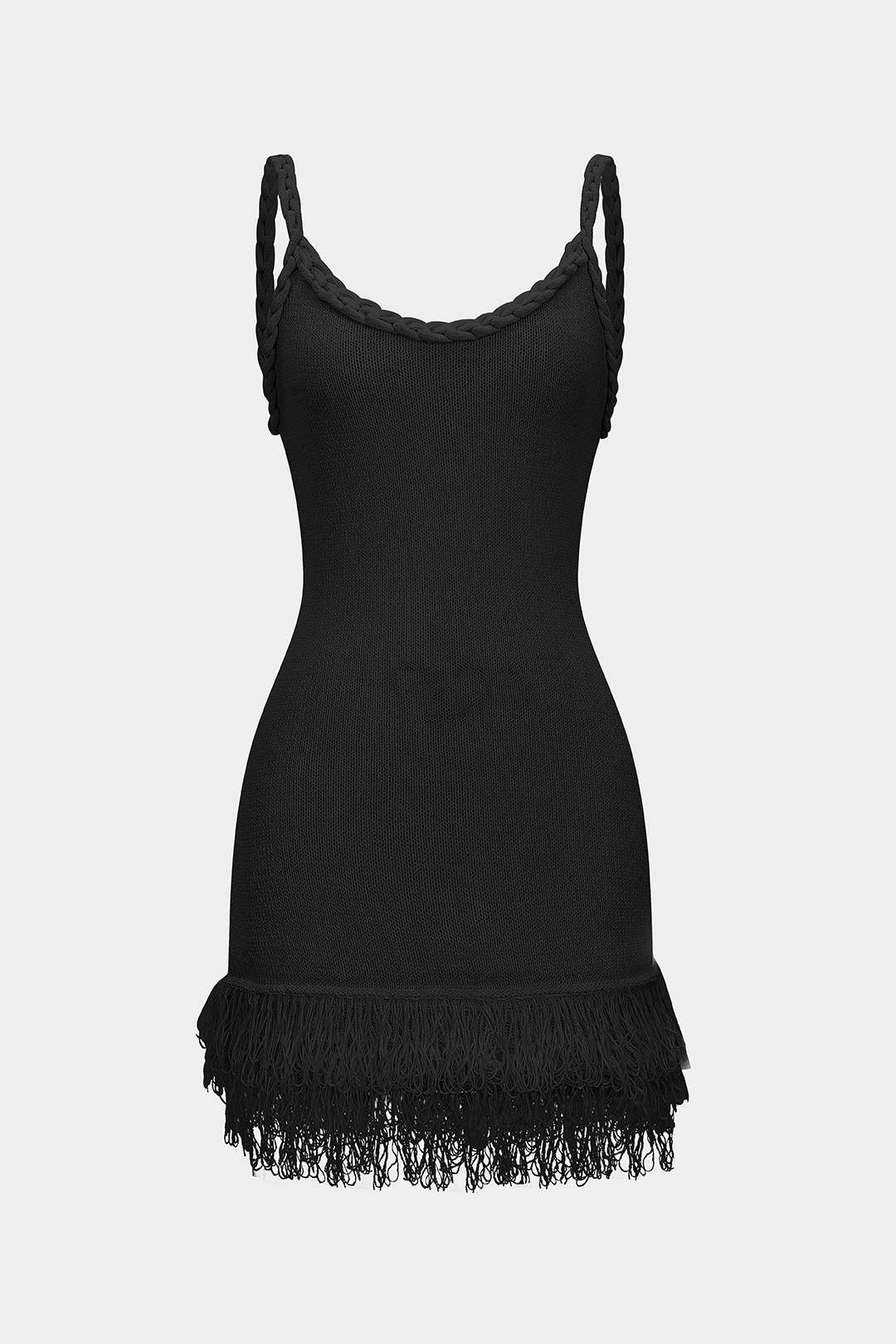 Robe Courte Sans Manches Dos Nu Tressé à Franges en Maille Ajoutée