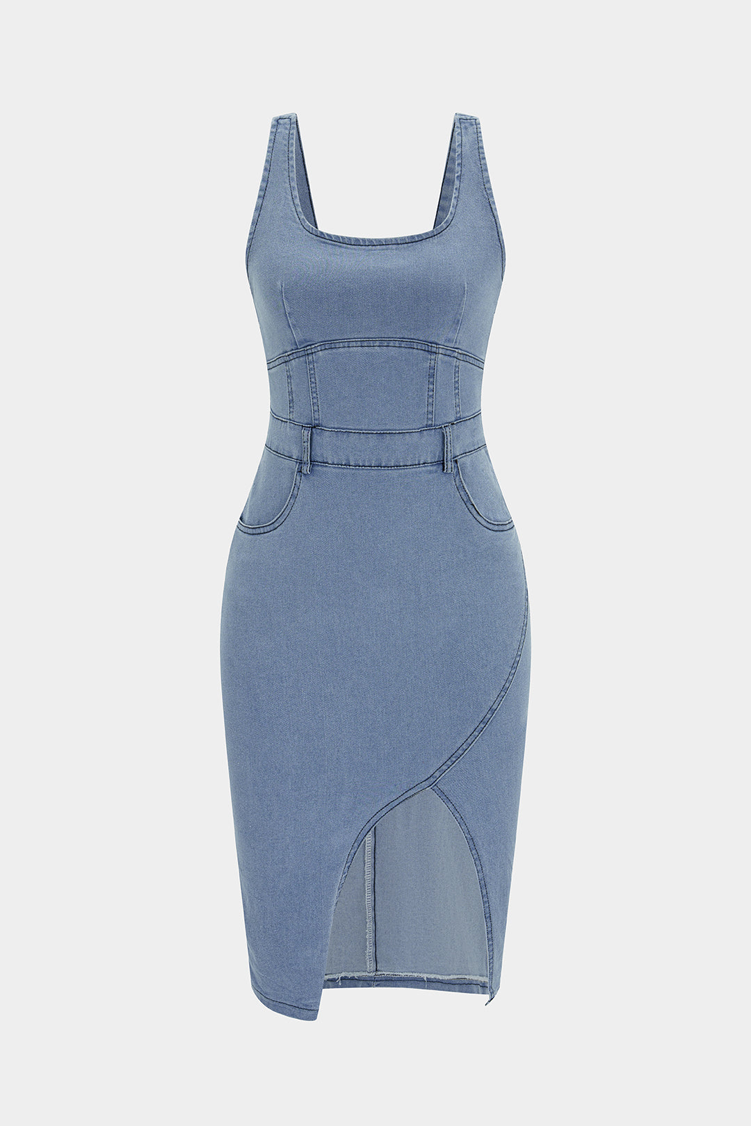 Denim Asymmetrical Slit Backless Slip Sleeveless Midi Dress