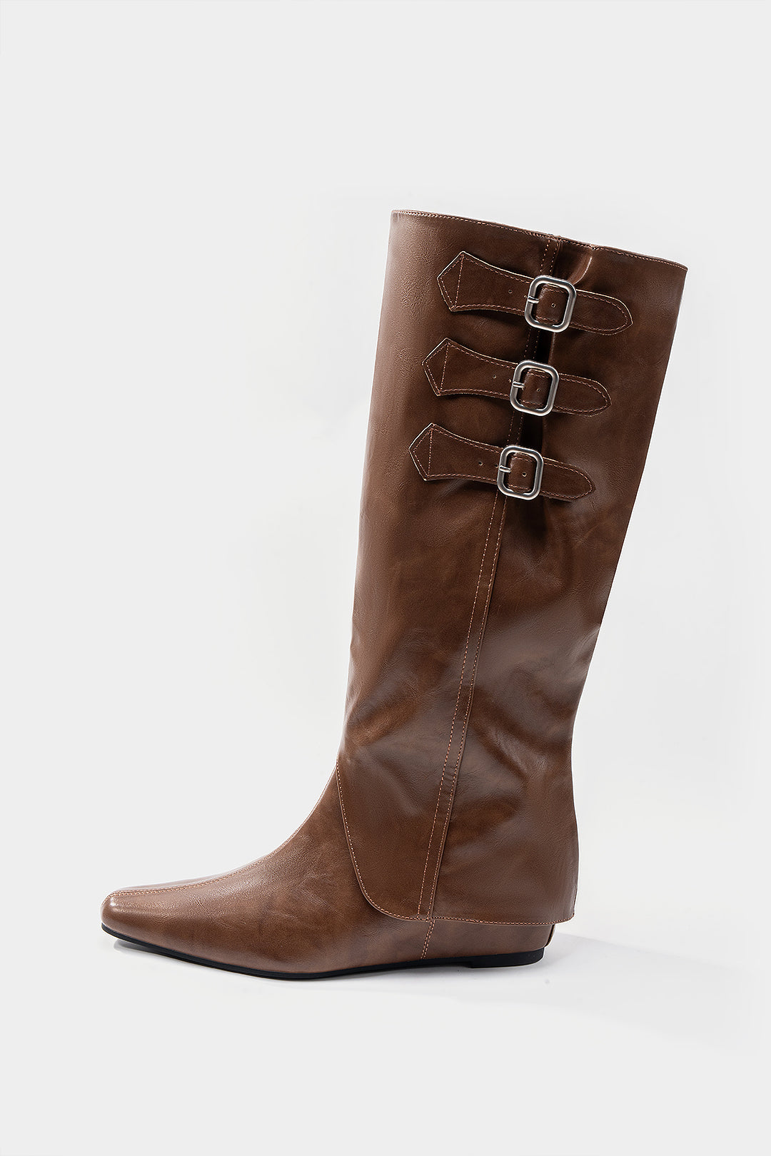 Leather Buckle Pointed Knee High Boots