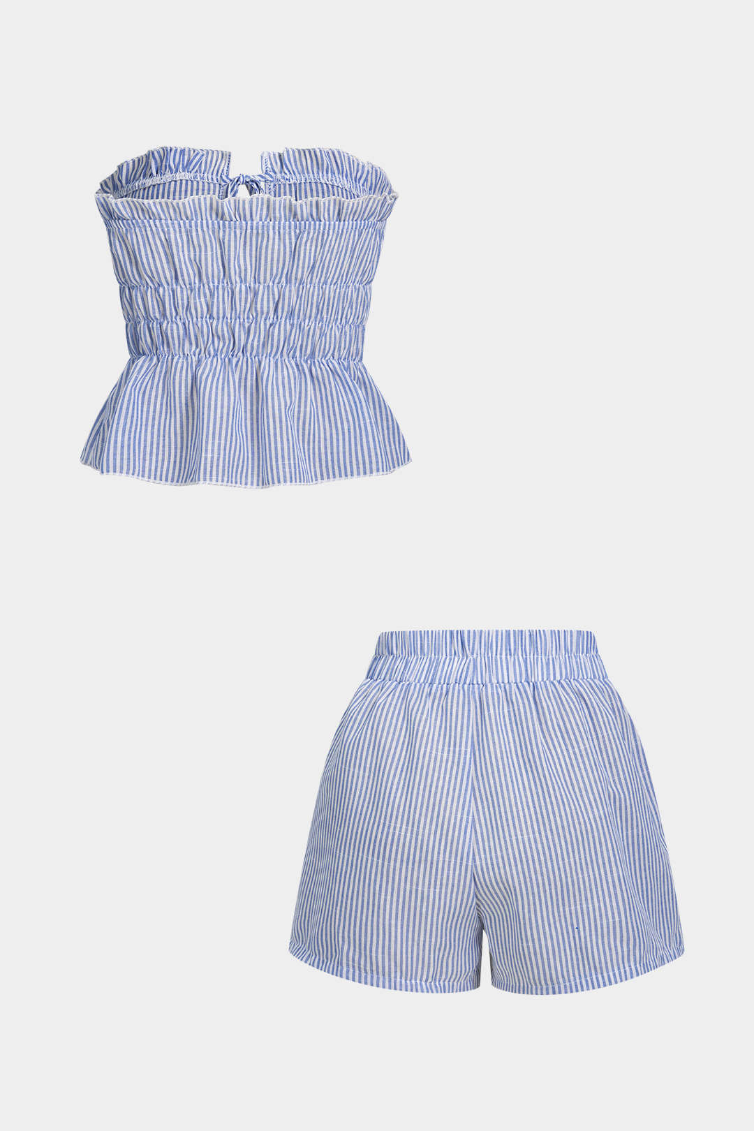Stripes Print Ruffle Tie-Up Tube Top And Shirred Waistband Shorts Set