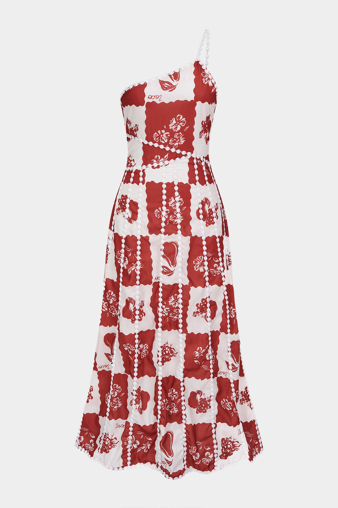 Floral Print Lace Trim Patchwork One Shoulder Sleeveless Maxi Dress