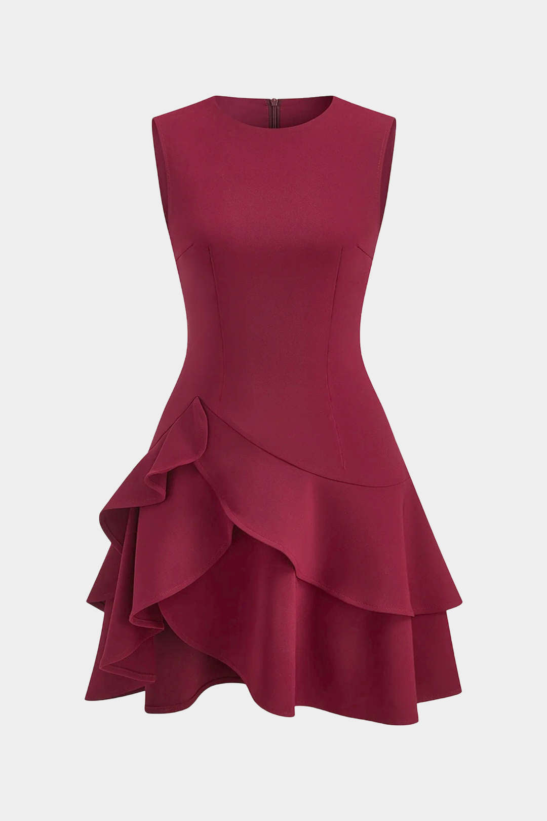 Asymmetrisches, ärmelloses Mini-Kleid mit Rundhalsausschnitt und Rüschensaum