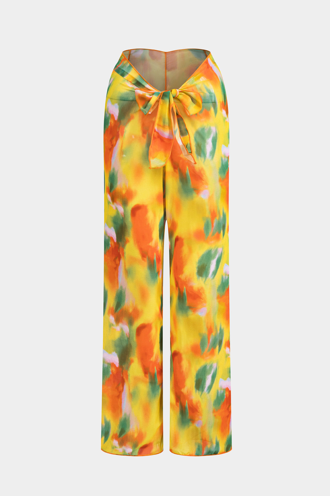 Chiffon-Set mit Aquarellprint, vorne gebundenem Langarmtop und weiter Hose