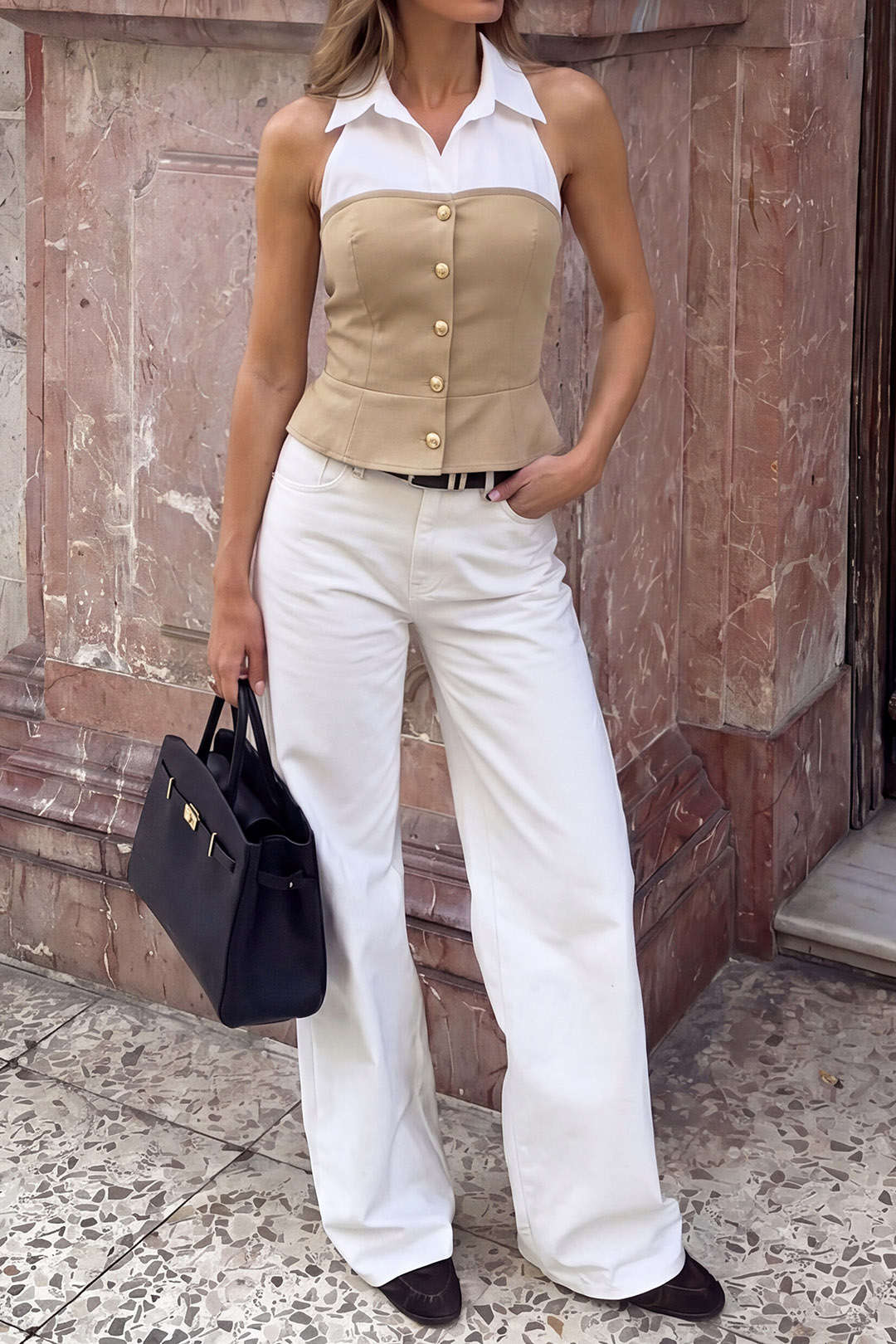 Contrast Lapel Metallic Button Tank Top