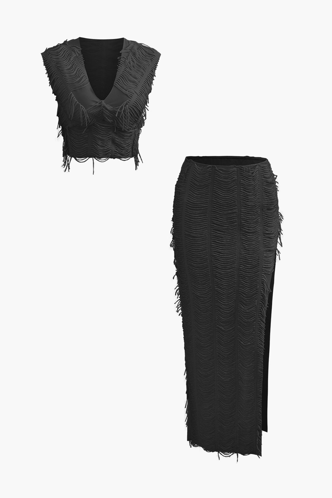 Ver distressed V-Ausschnitt Top mit kurzen Ärmeln und Maxirock mit Schlitz-Set
