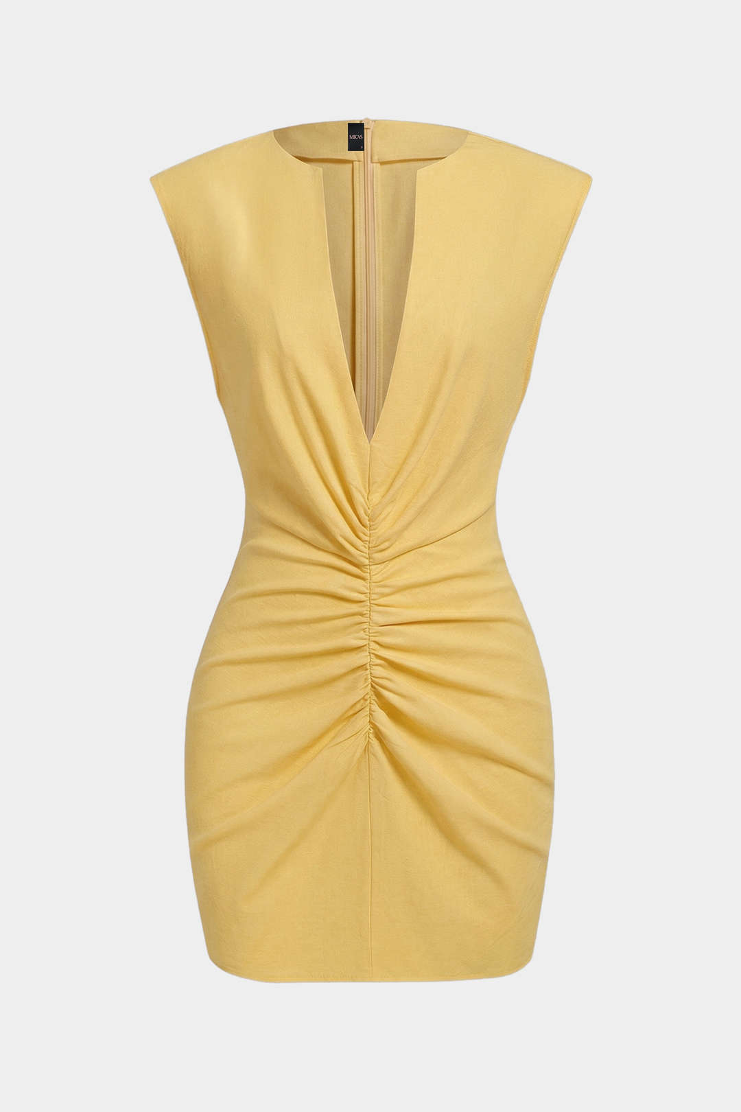 Mini-robe sans manches en lin à col en V, froncée et zippée