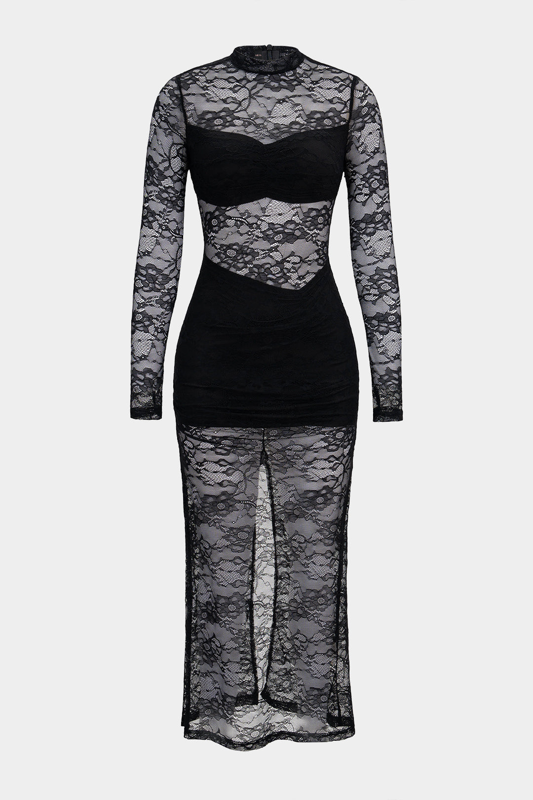Maxikleid mit Spitzen-Stehkragen, Raffung und Langarm-Schlitz
