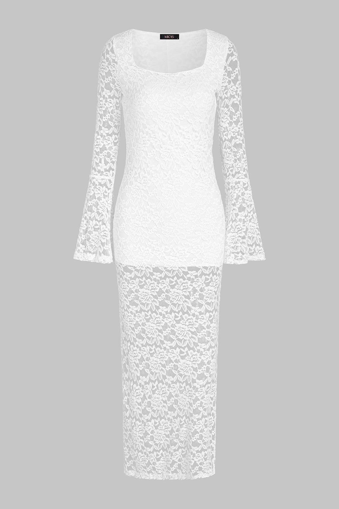 Robe longue à manches longues évasées, en dentelle patchwork et encolure carrée