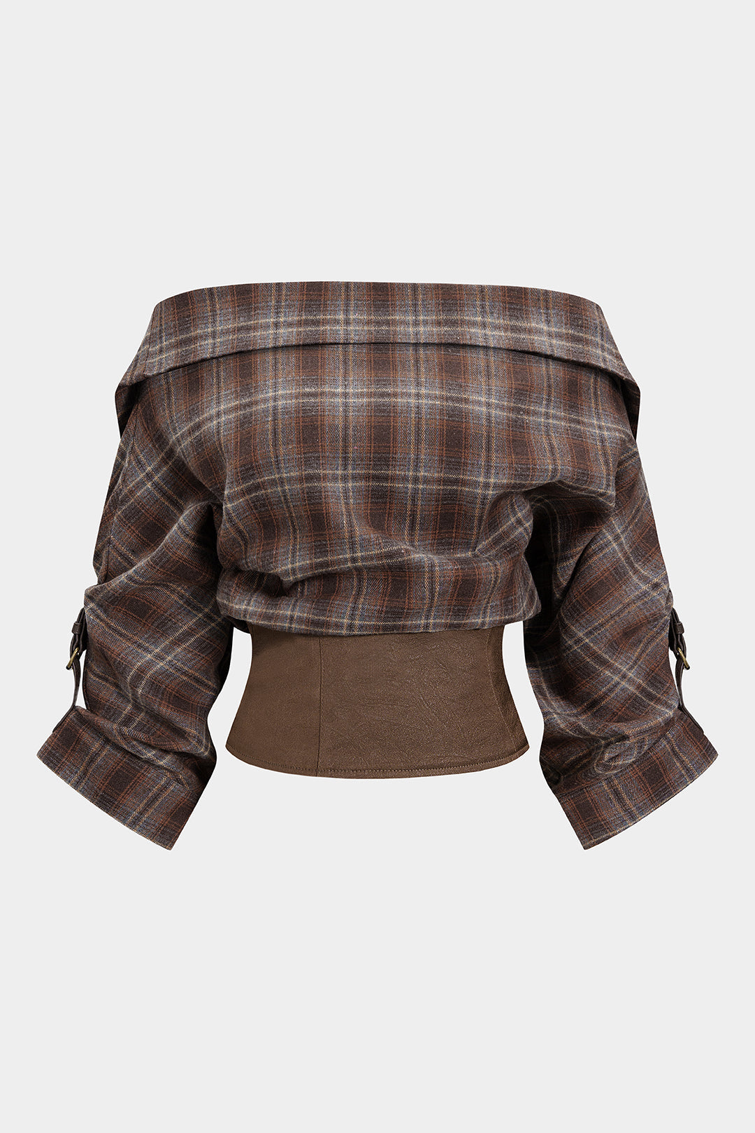 Plaid-Print-Satin-Patchwork-Off-Shoulder-Reißverschluss-Langarm-Hemd